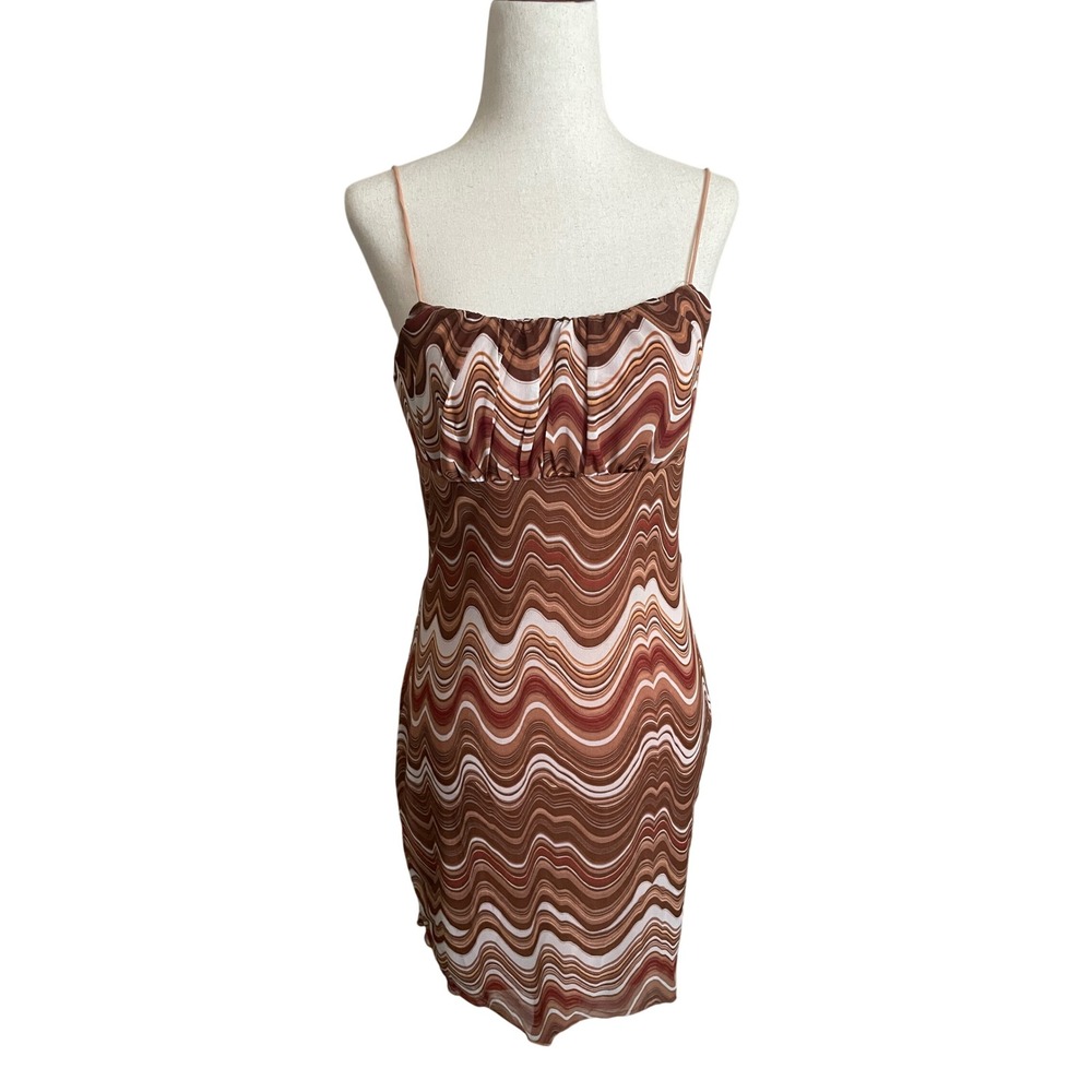 VTG Y2K  Babydoll Brown Abstract Mesh Mini Dress Medium Festival 70s Psychedelic
